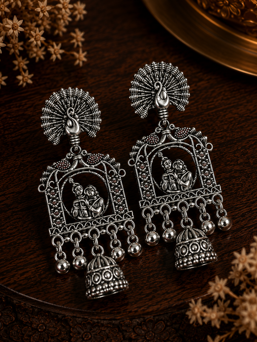 Oxidised Peacock Radha Krishna Jhumka Earrings