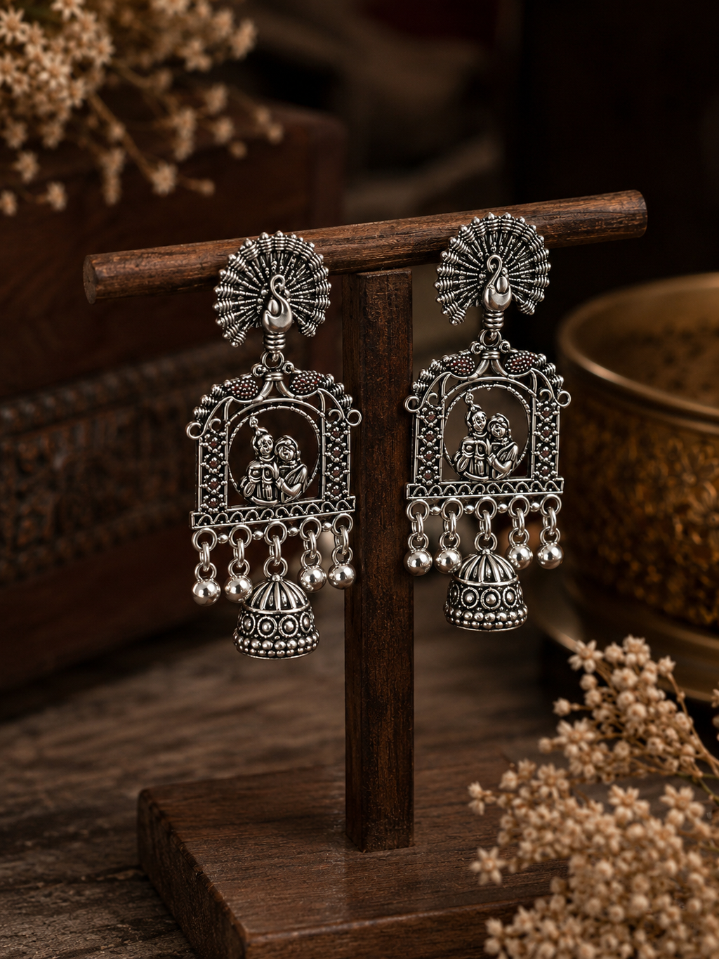 Oxidised Peacock Radha Krishna Jhumka Earrings