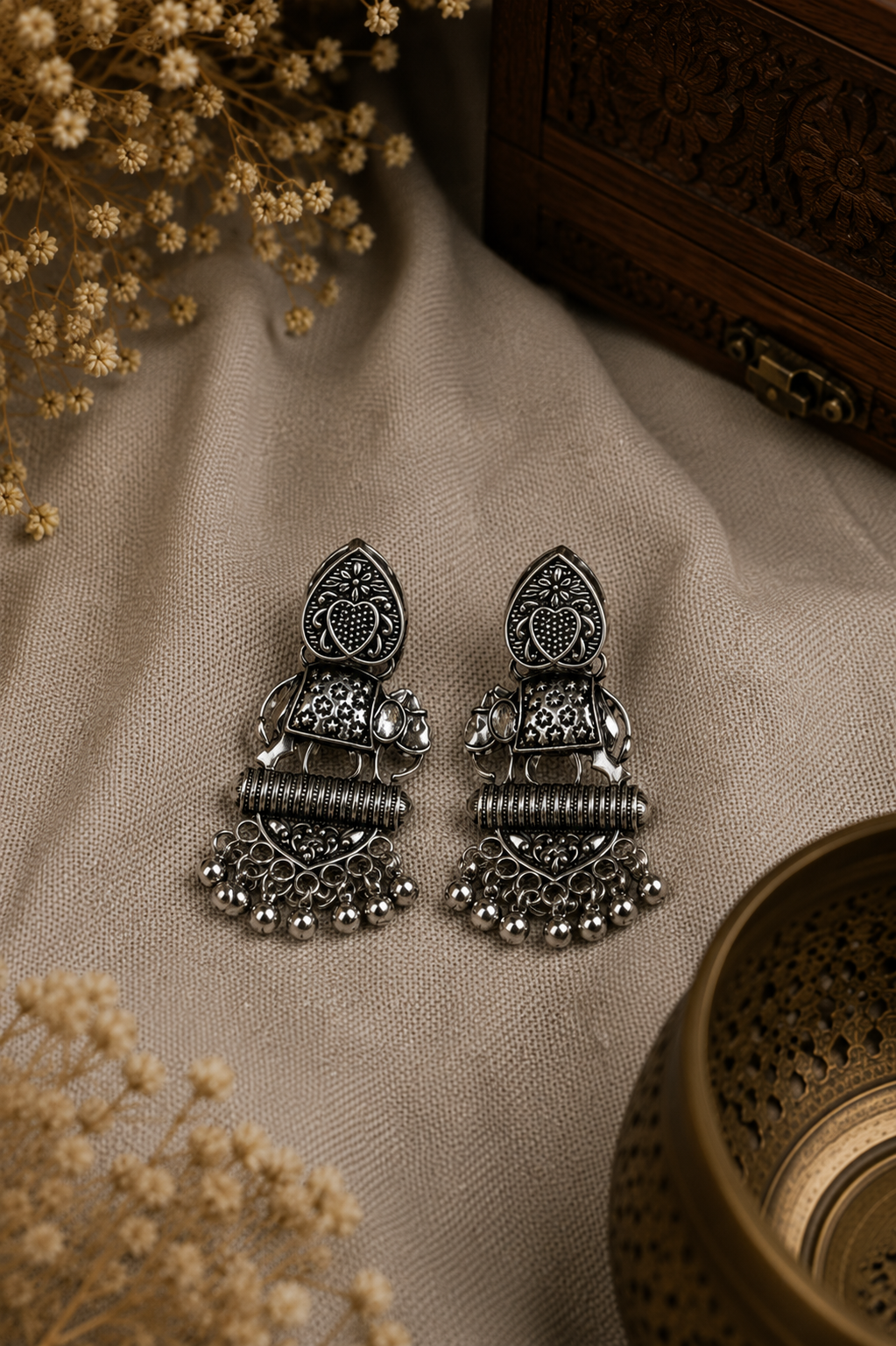 Oxidised Elephant Temple Dangler Earrings