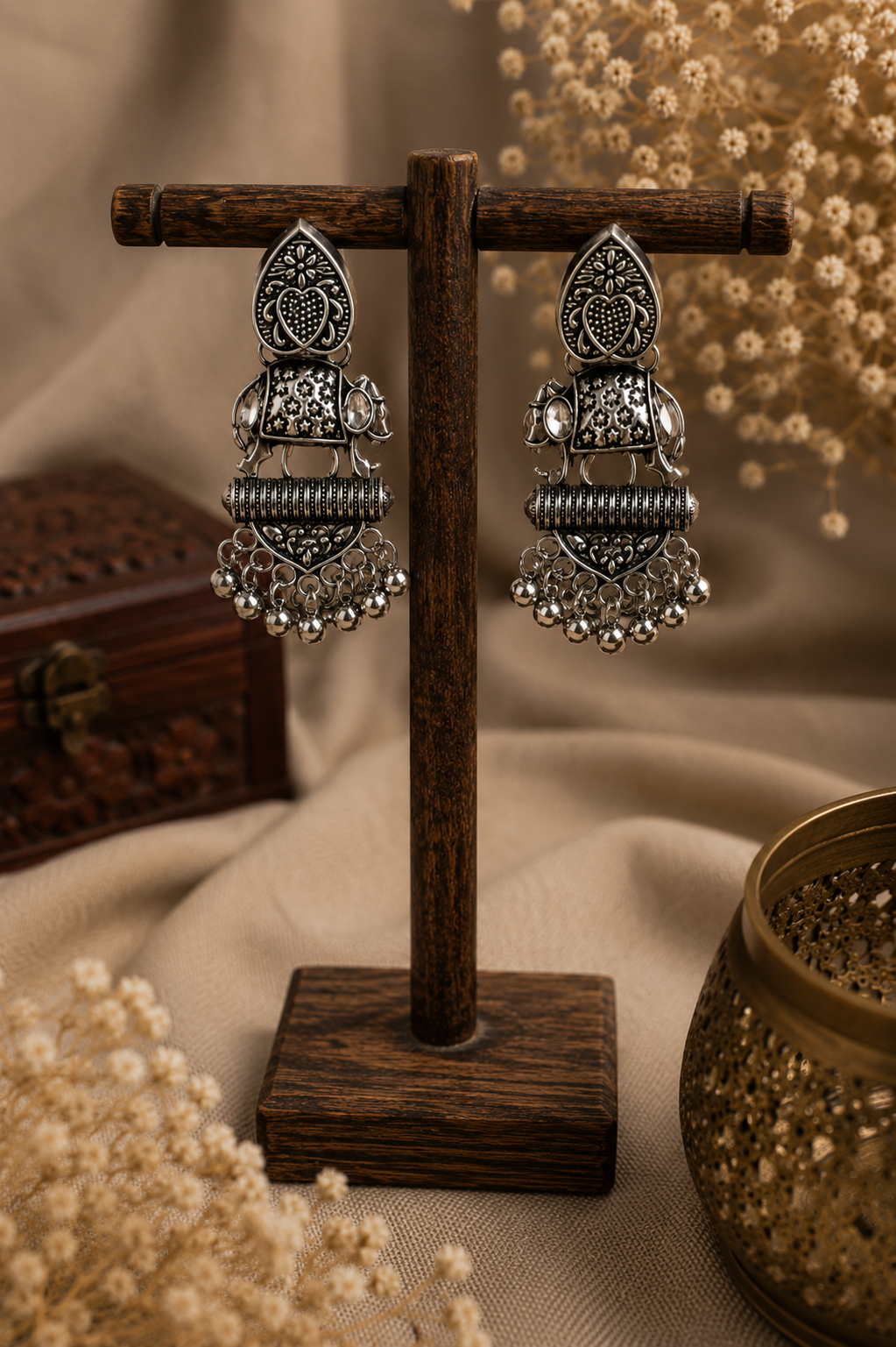 Oxidised Elephant Temple Dangler Earrings