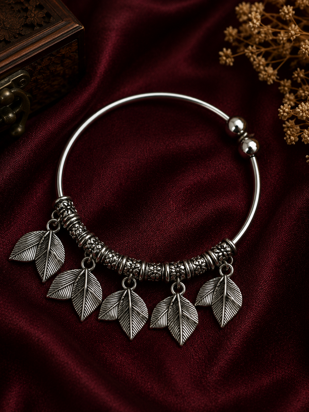 Oxidised Leaf Charm Bracelet