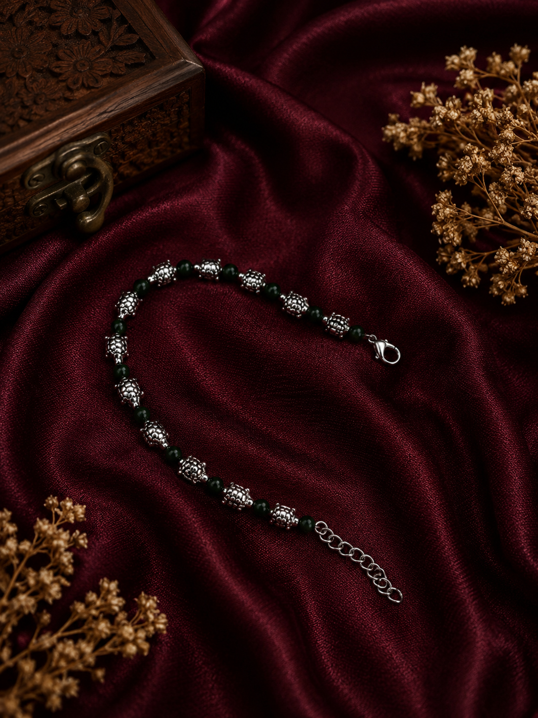 Oxidised Green Bead Tortoise Bracelet