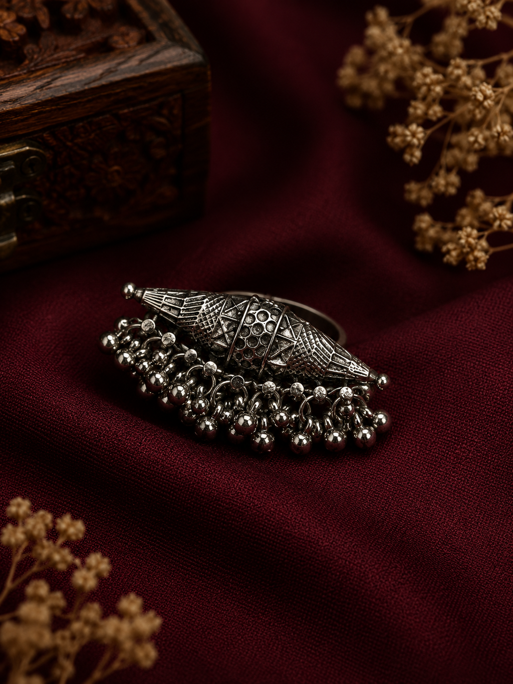 Oxidised Cone Tassel Adjustable Statement Ring