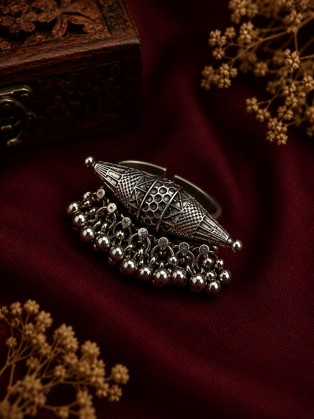 Oxidised Cone Tassel Adjustable Statement Ring