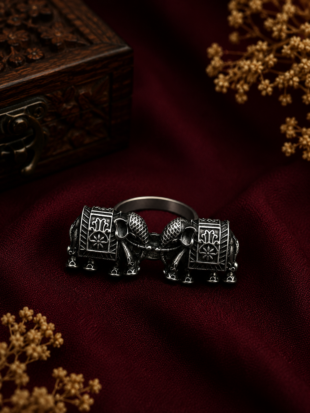 Oxidised Twin Elephant Adjustable Statement Ring