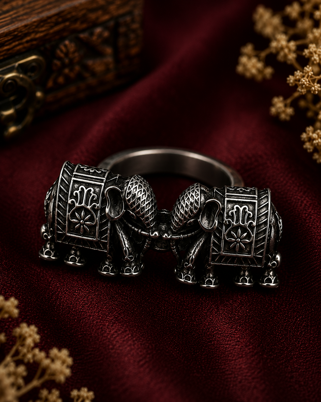 Oxidised Twin Elephant Adjustable Statement Ring