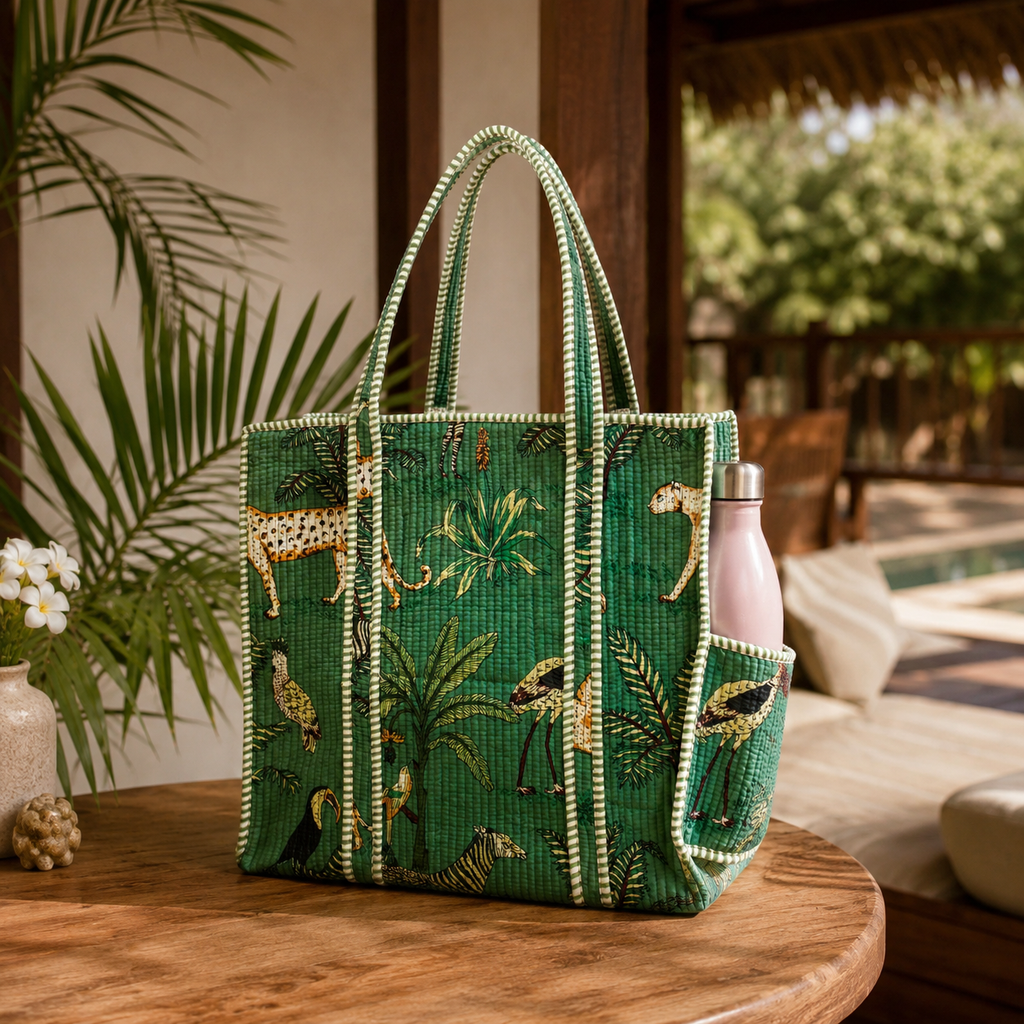 Green Hand Block Print Quilted Tote Bag