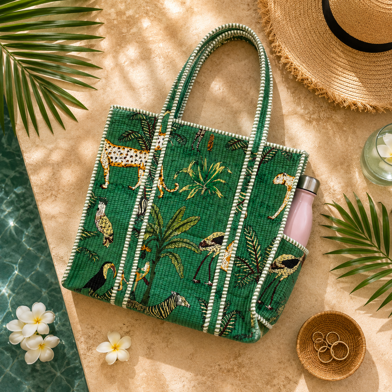 Green Hand Block Print Quilted Tote Bag