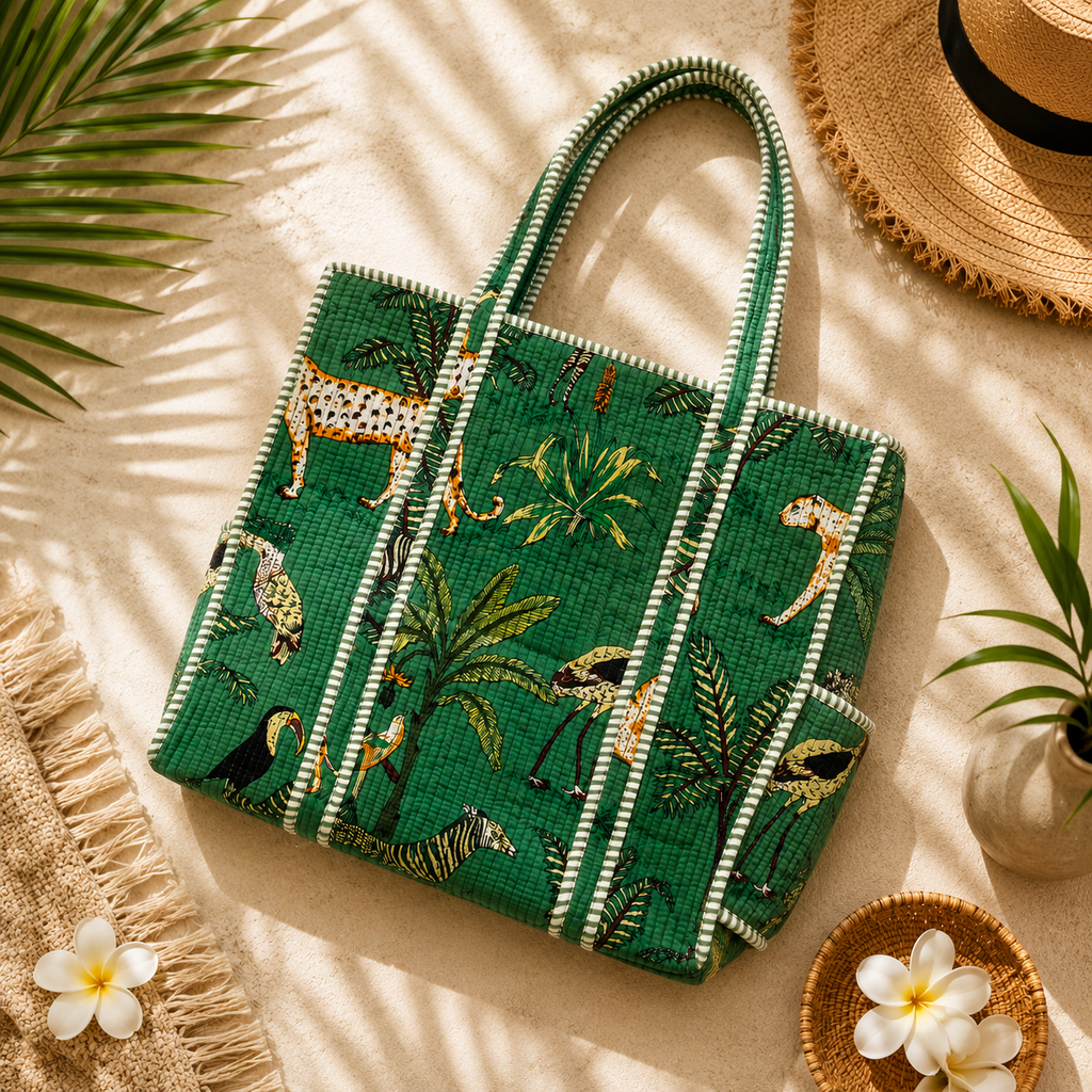 Green Hand Block Print Quilted Tote Bag