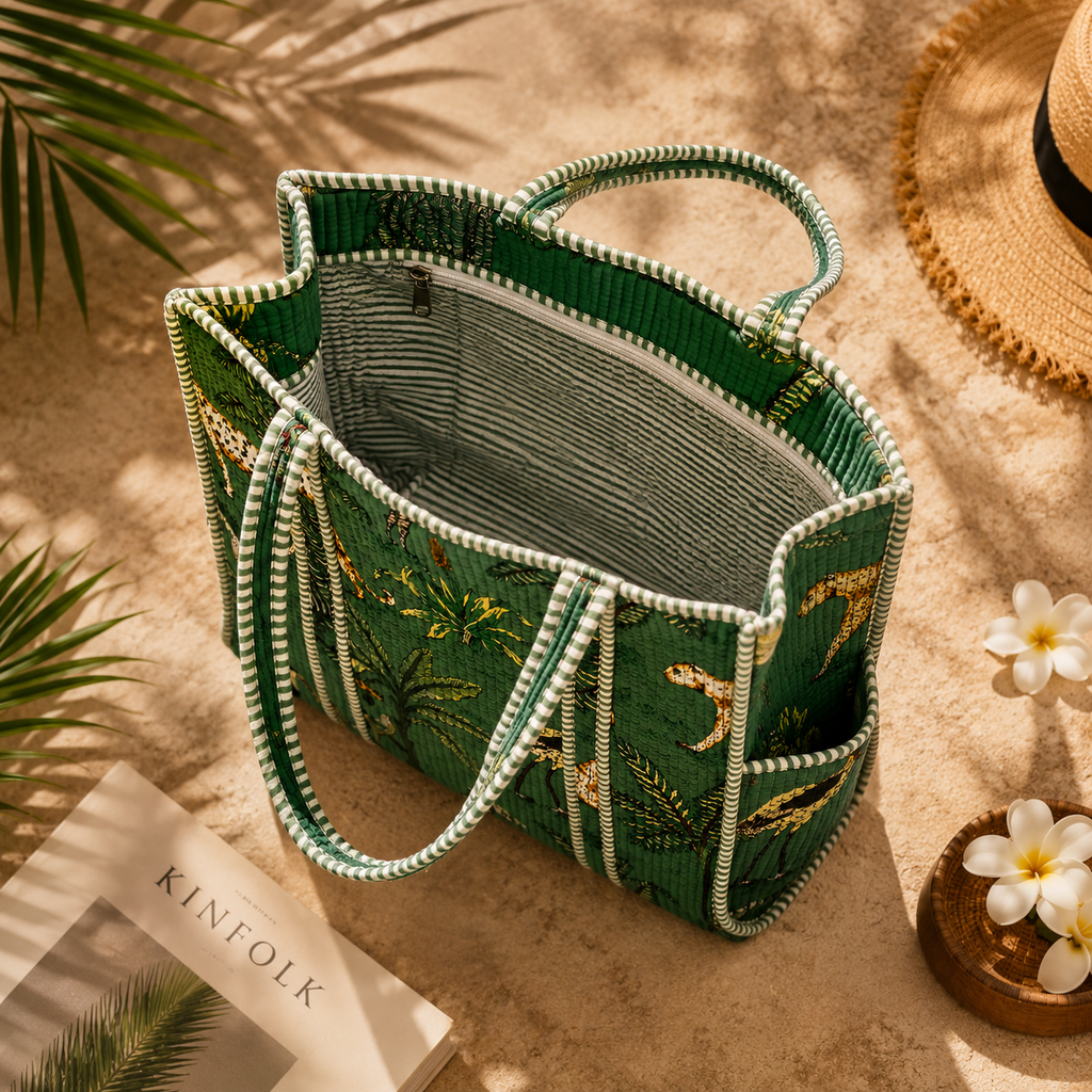 Green Hand Block Print Quilted Tote Bag