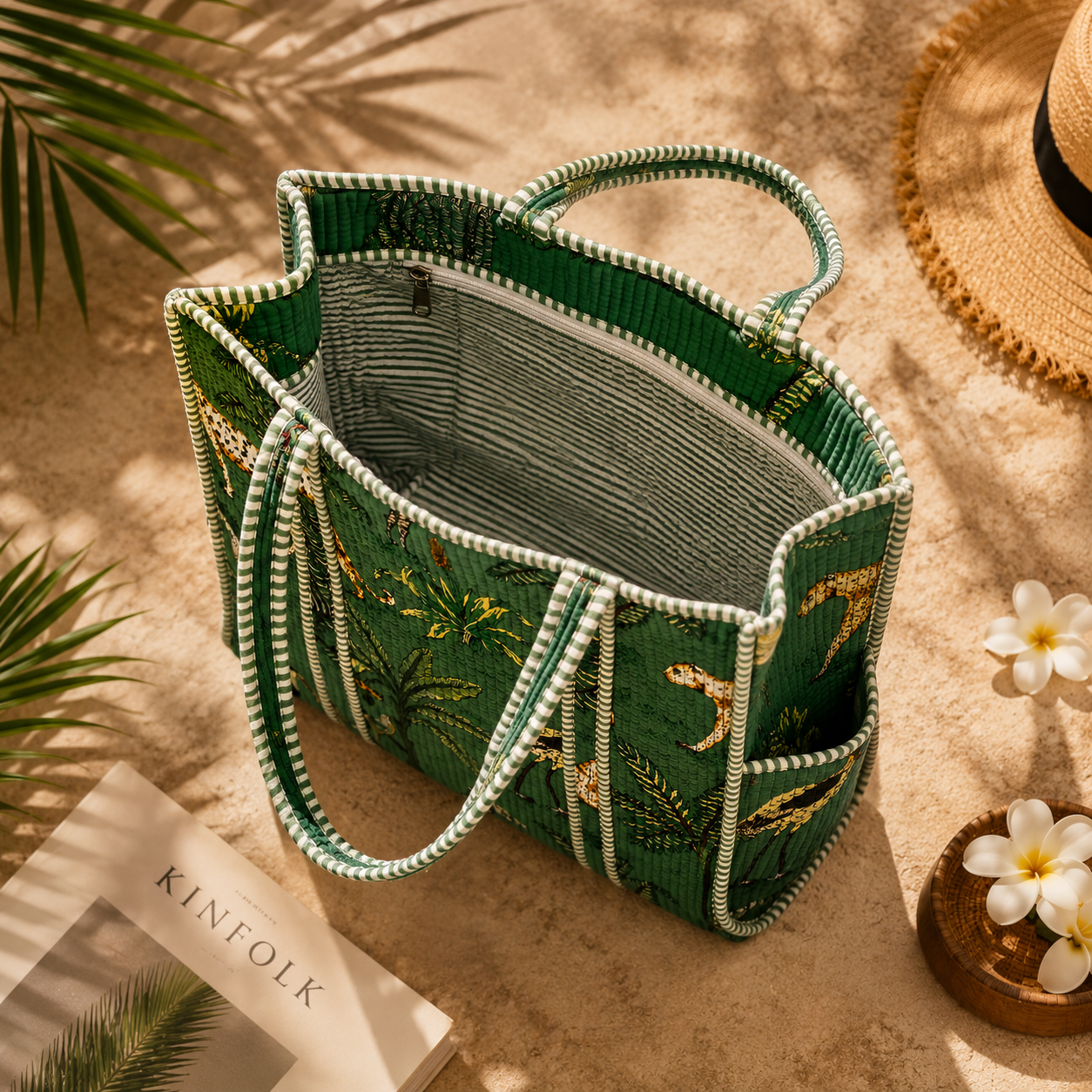Green Hand Block Print Quilted Tote Bag