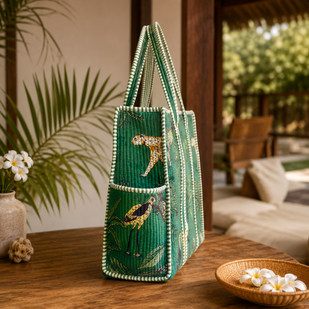 Green Hand Block Print Quilted Tote Bag