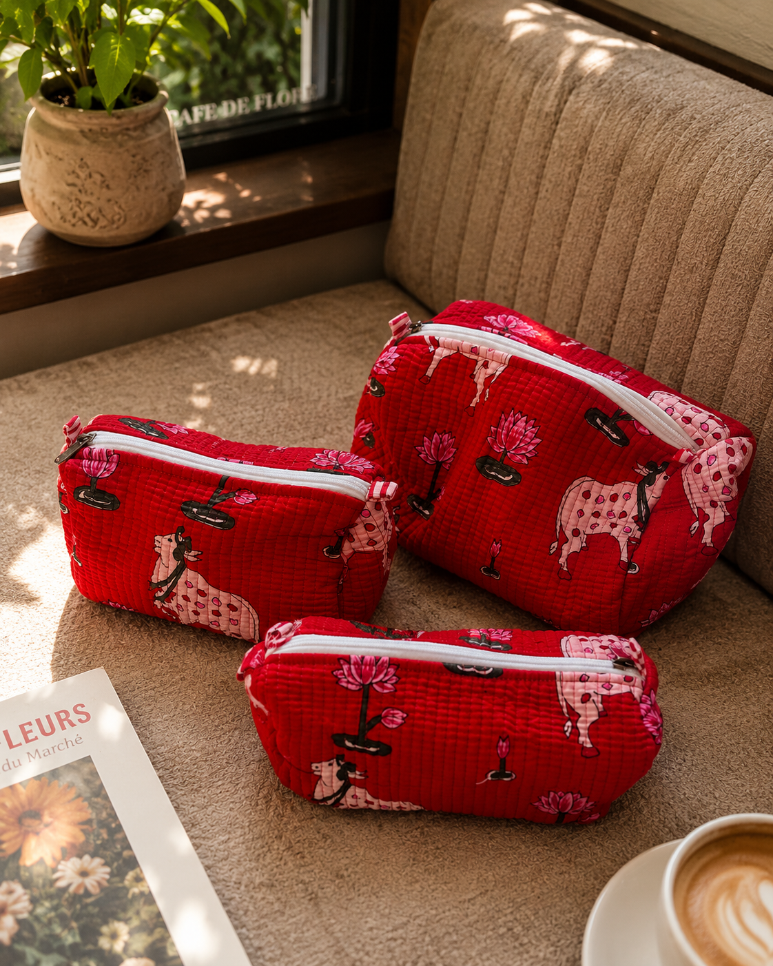 Red Hand Block Print Set of 3 Quilted Pouches