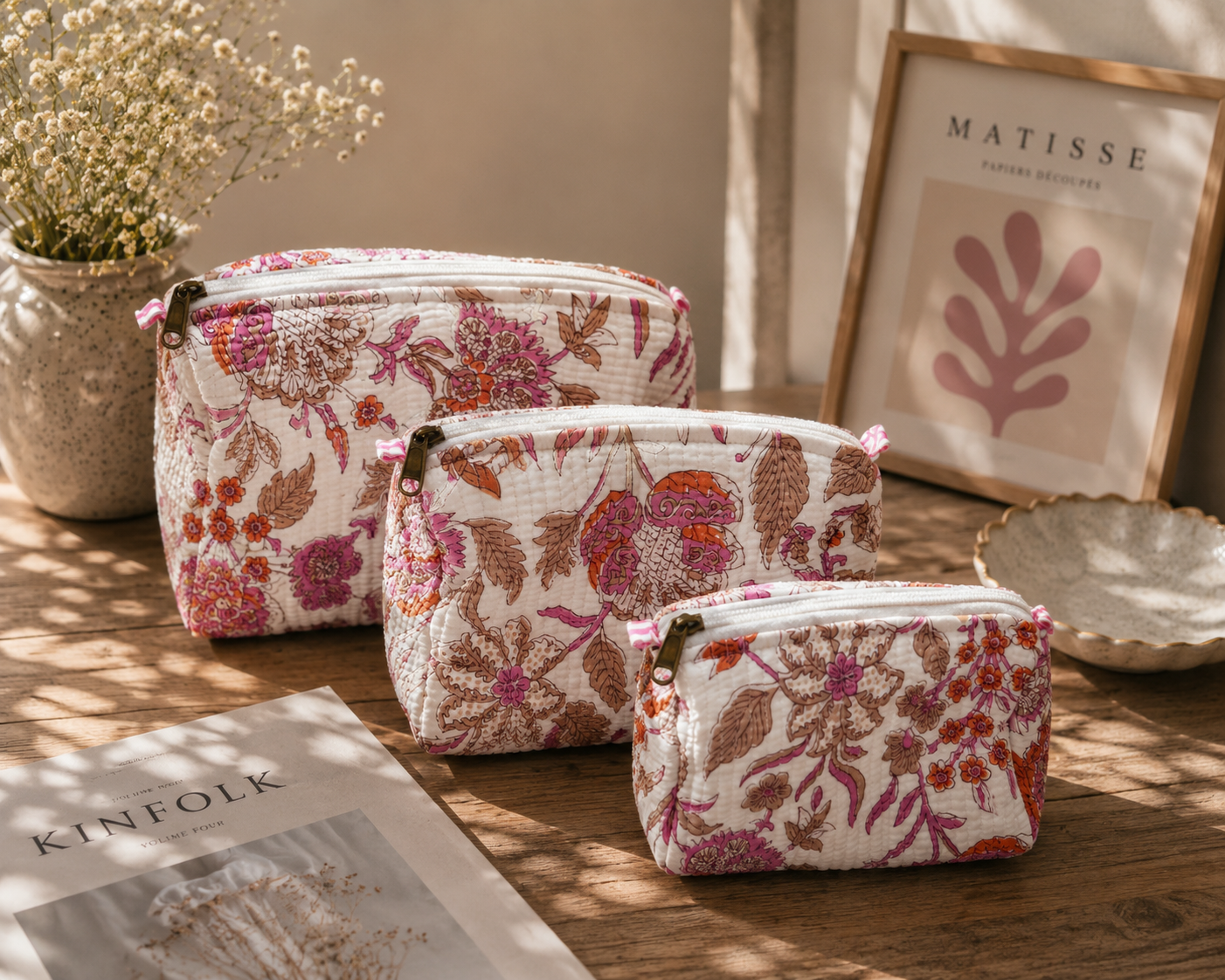 White & Pink Hand Block Print Set of 3 Quilted Pouches