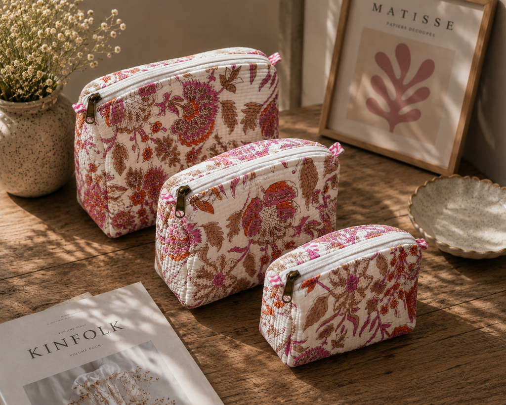 White & Pink Hand Block Print Set of 3 Quilted Pouches