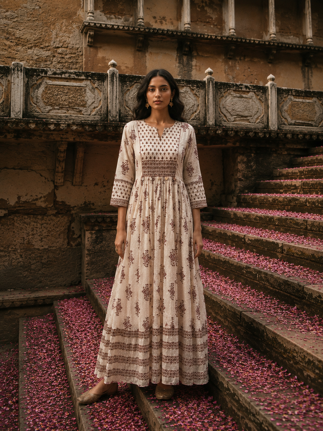 White Pure Cotton Dress with Hand Block Sanganeri Print