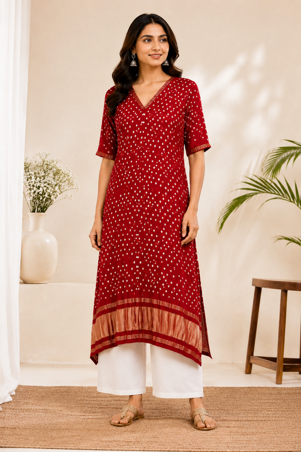 Red Pure Silk Bandhani Kurta Set