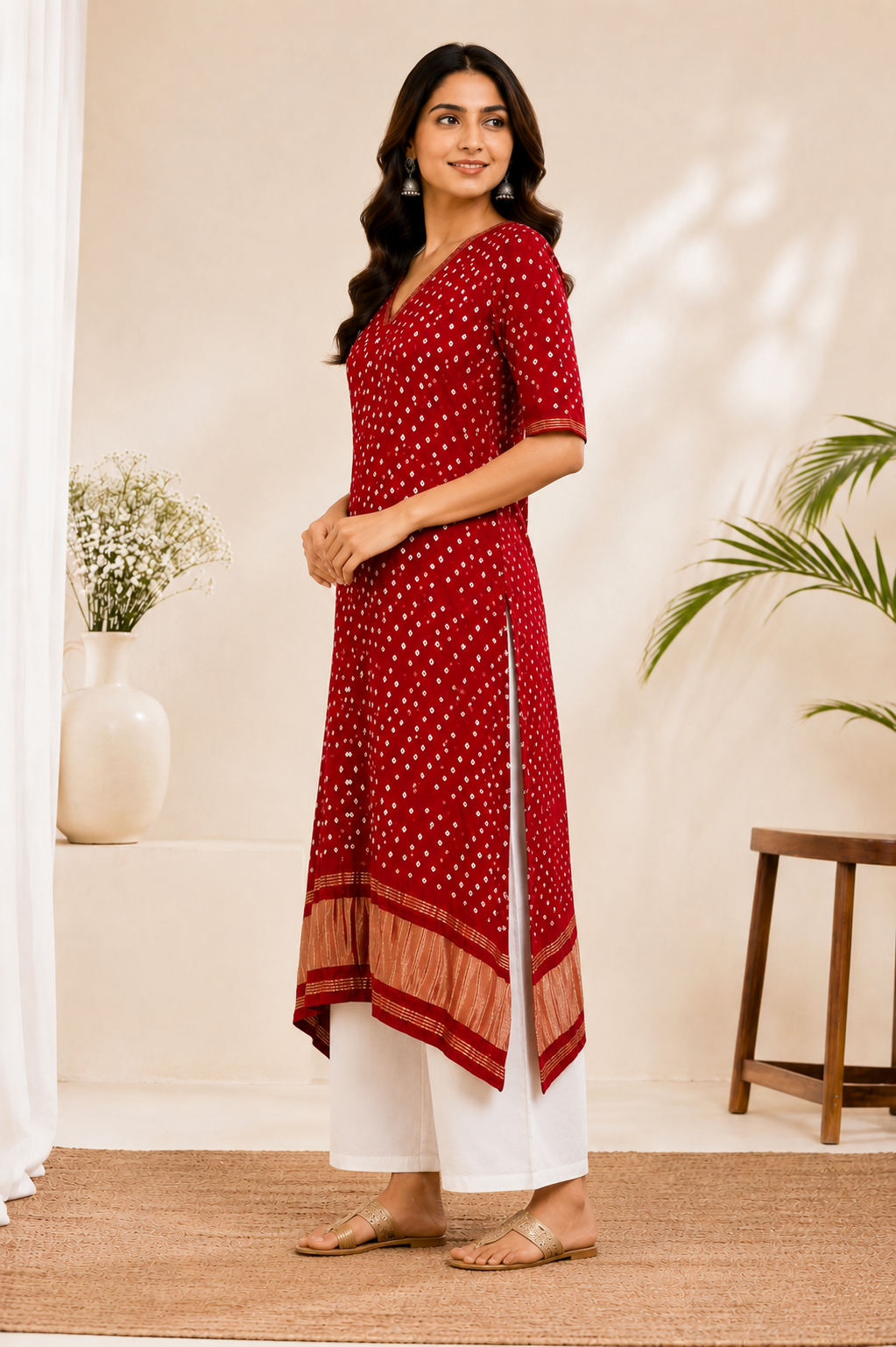 Red Pure Silk Bandhani Kurta Set