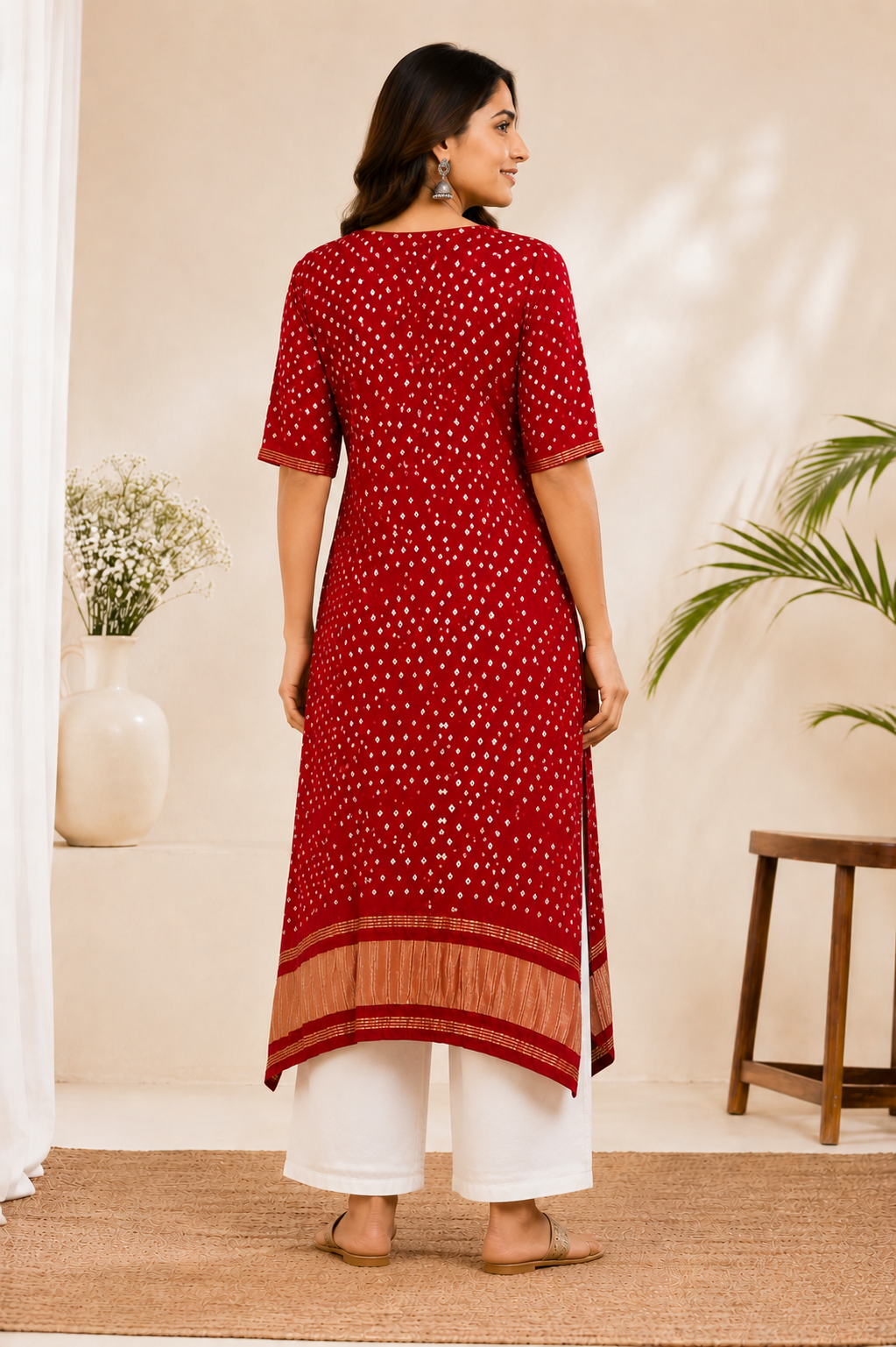 Red Pure Silk Bandhani Kurta Set