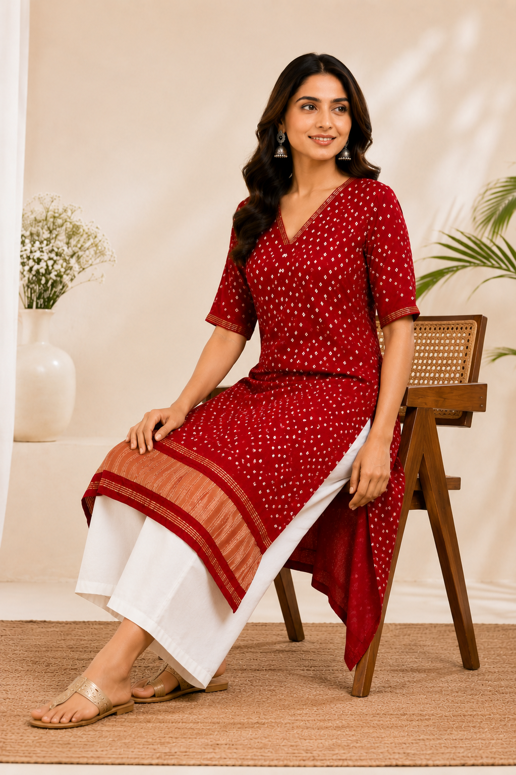 Red Pure Silk Bandhani Kurta Set