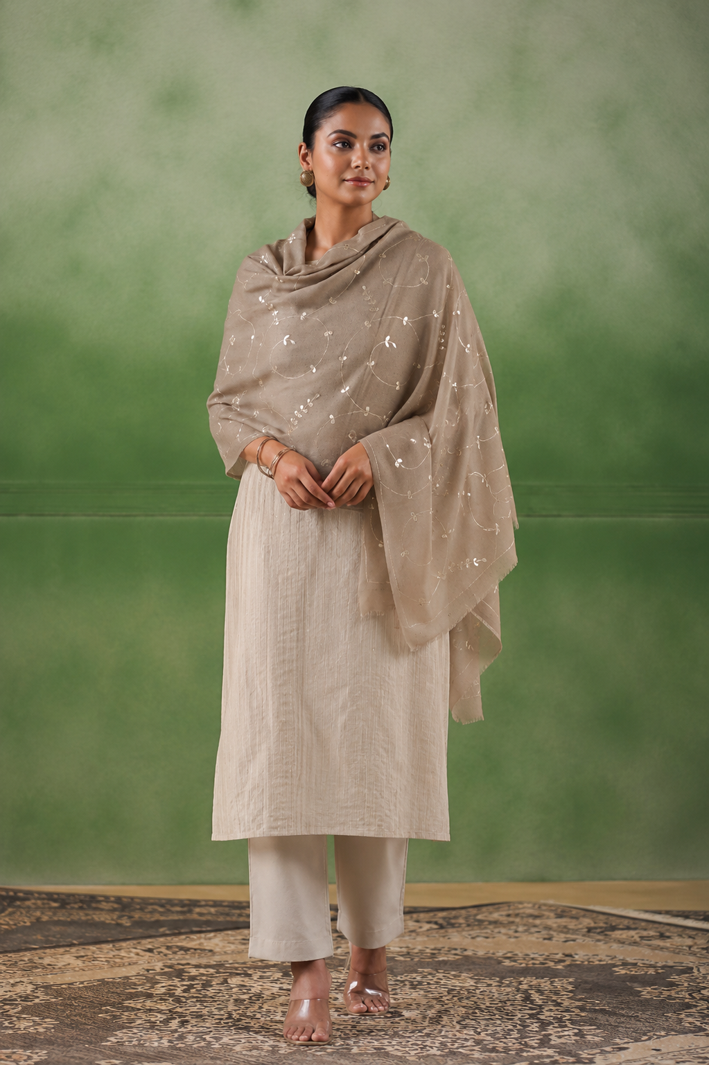 Green Hand Embroidered Gotta Patti Woollen Shawl