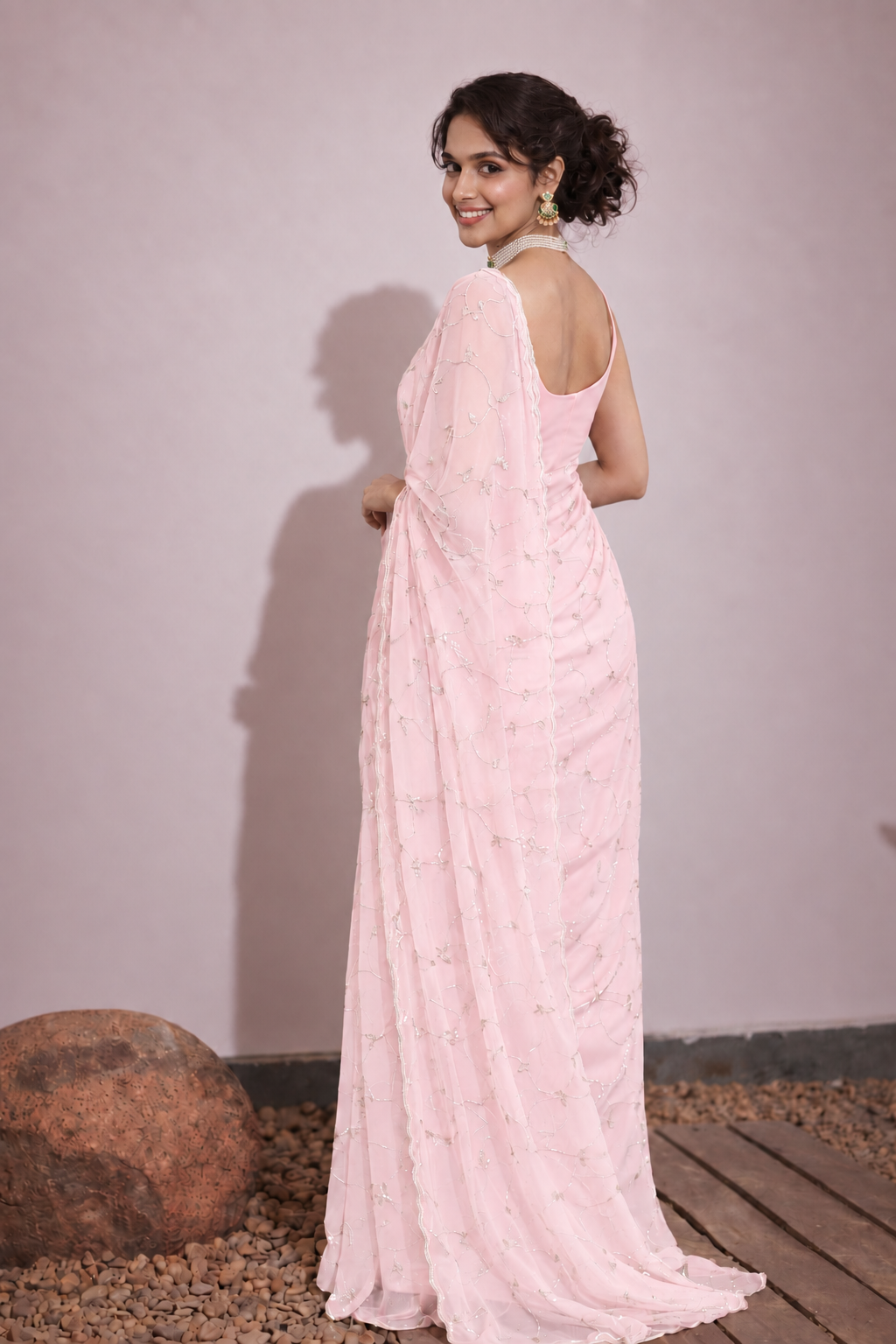 Pink Georgette Tubelight Jaal Work Saree