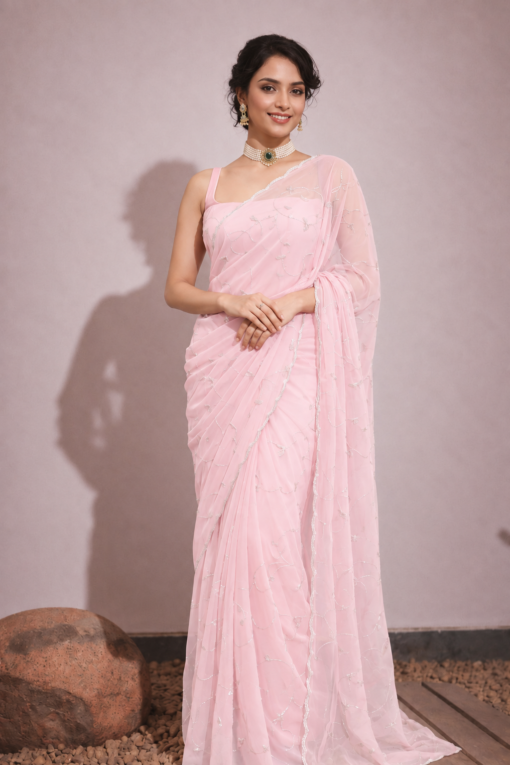 Pink Georgette Tubelight Jaal Work Saree