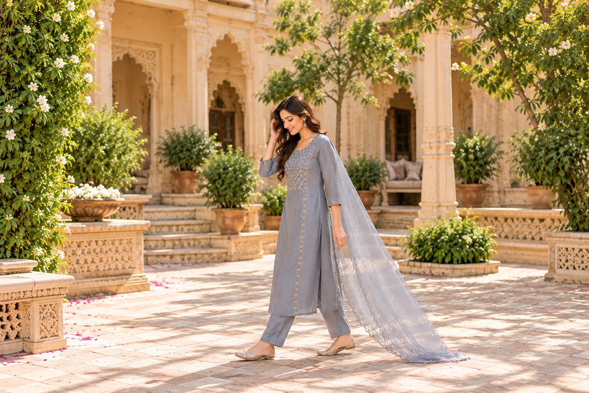 Grey Embroidered Modal Silk 3-Piece Kurta Set