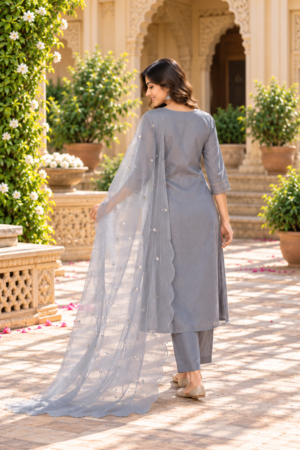 Grey Embroidered Modal Silk 3-Piece Kurta Set