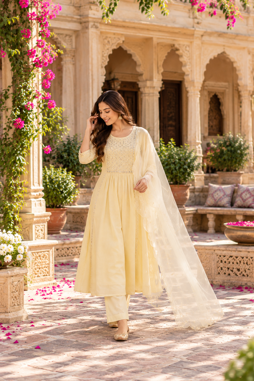 Pale Yellow Embroidered Modal Silk 3-Piece Kurta Set