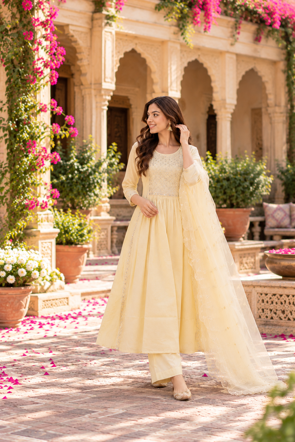 Pale Yellow Embroidered Modal Silk 3-Piece Kurta Set