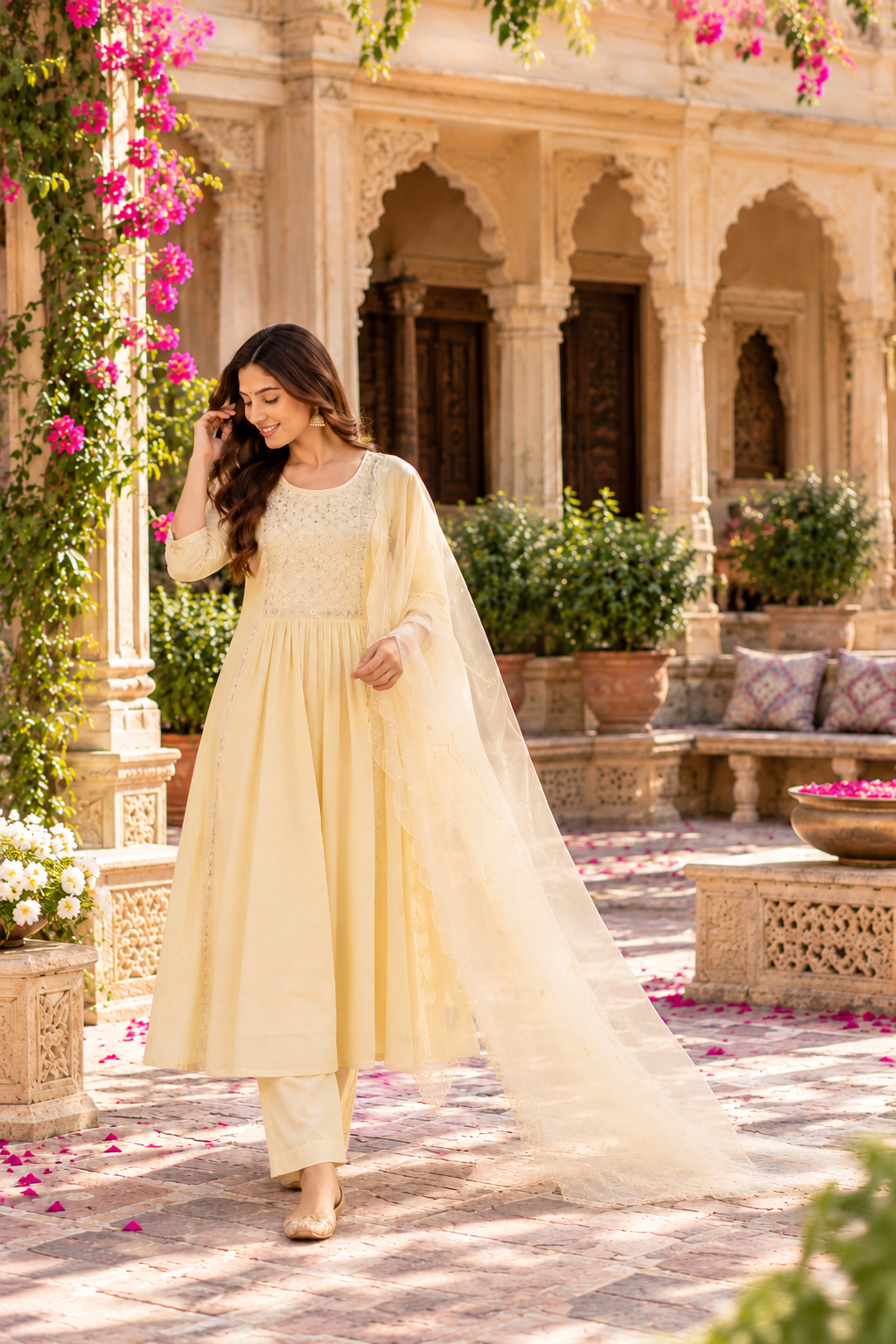 Pale Yellow Embroidered Modal Silk 3-Piece Kurta Set