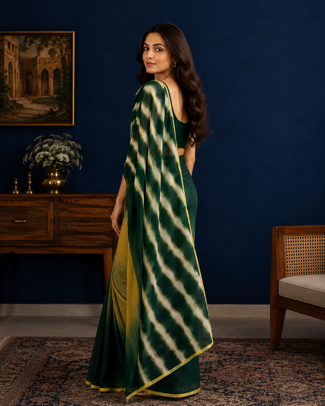 Green Chiffon Shaded Leheriya Saree  Zari Border
