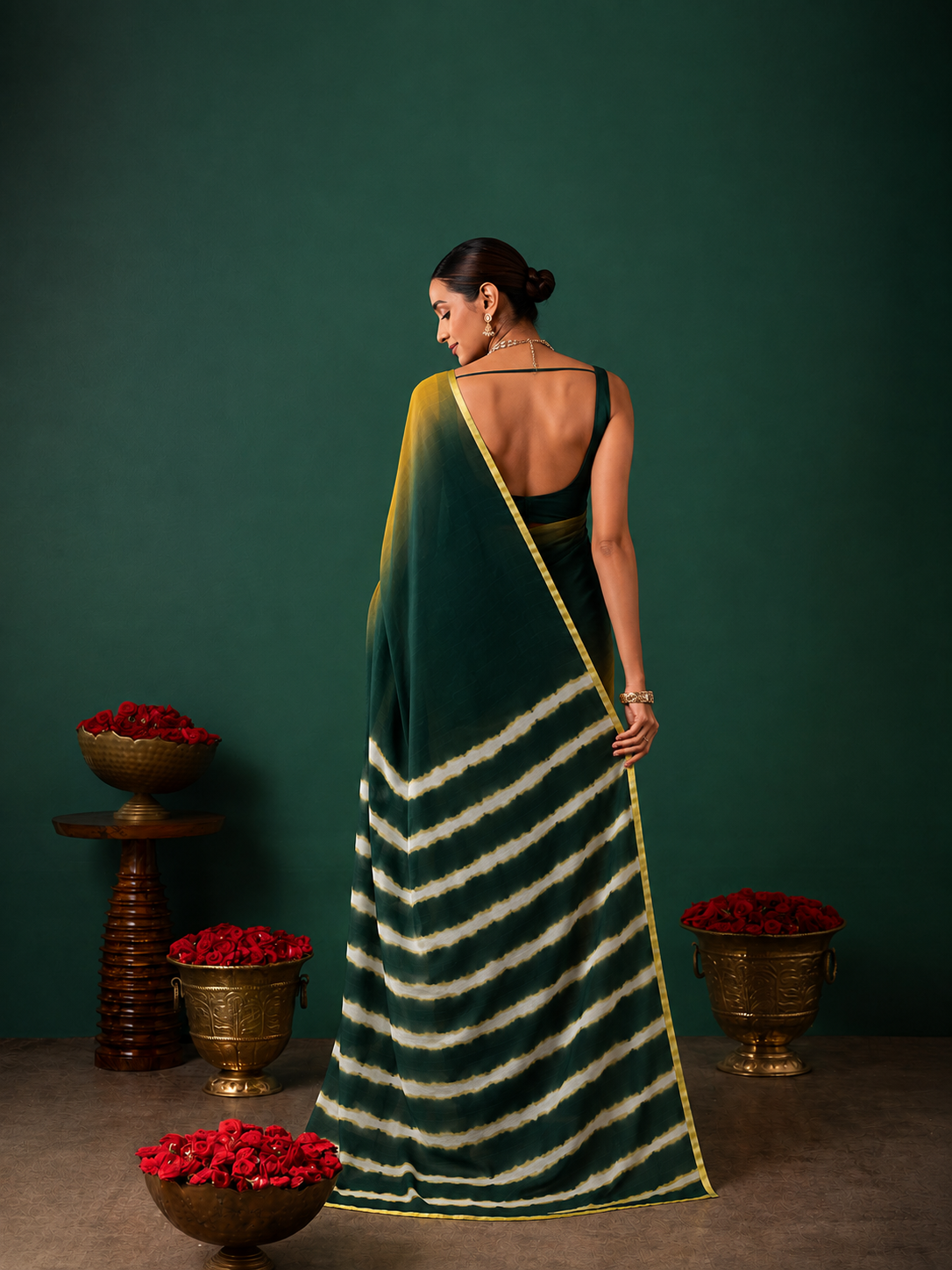 Green Chiffon Shaded Leheriya Saree  Zari Border