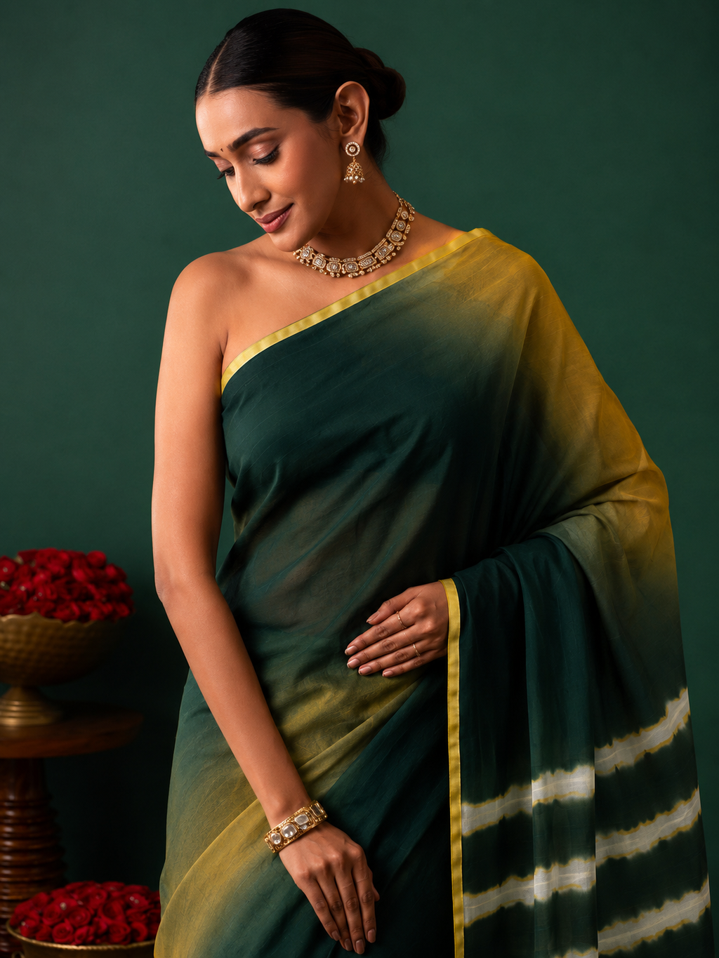 Green Chiffon Shaded Leheriya Saree  Zari Border
