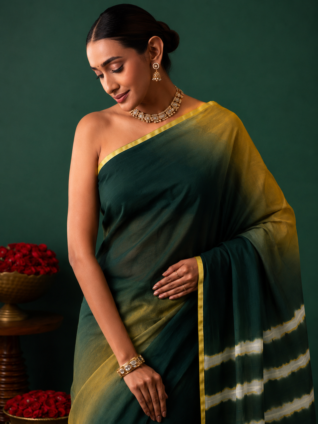 Green Chiffon Shaded Leheriya Saree  Zari Border