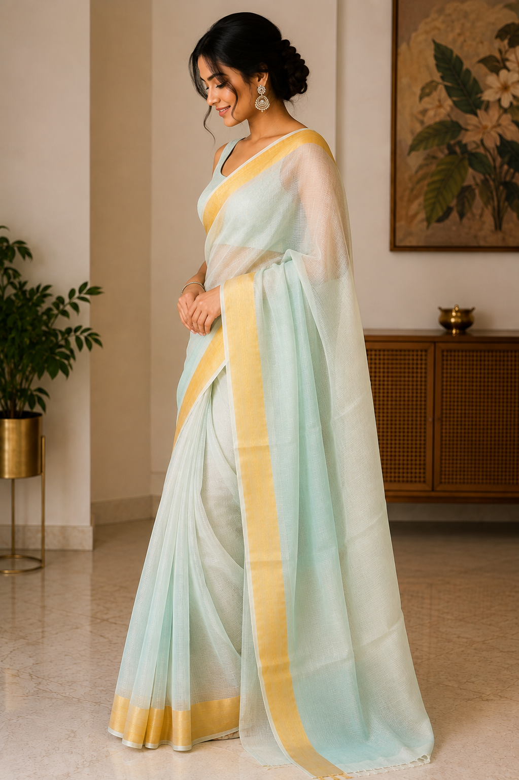 Aqua Green Kota Doria Saree with Zari Border