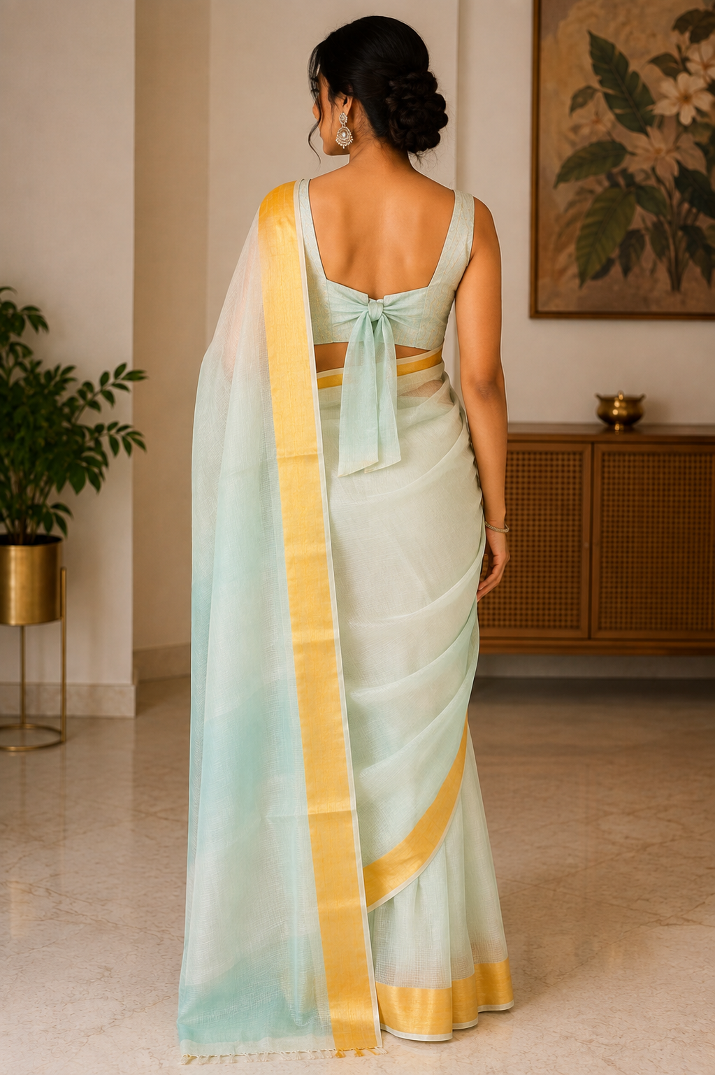 Aqua Green Kota Doria Saree with Zari Border
