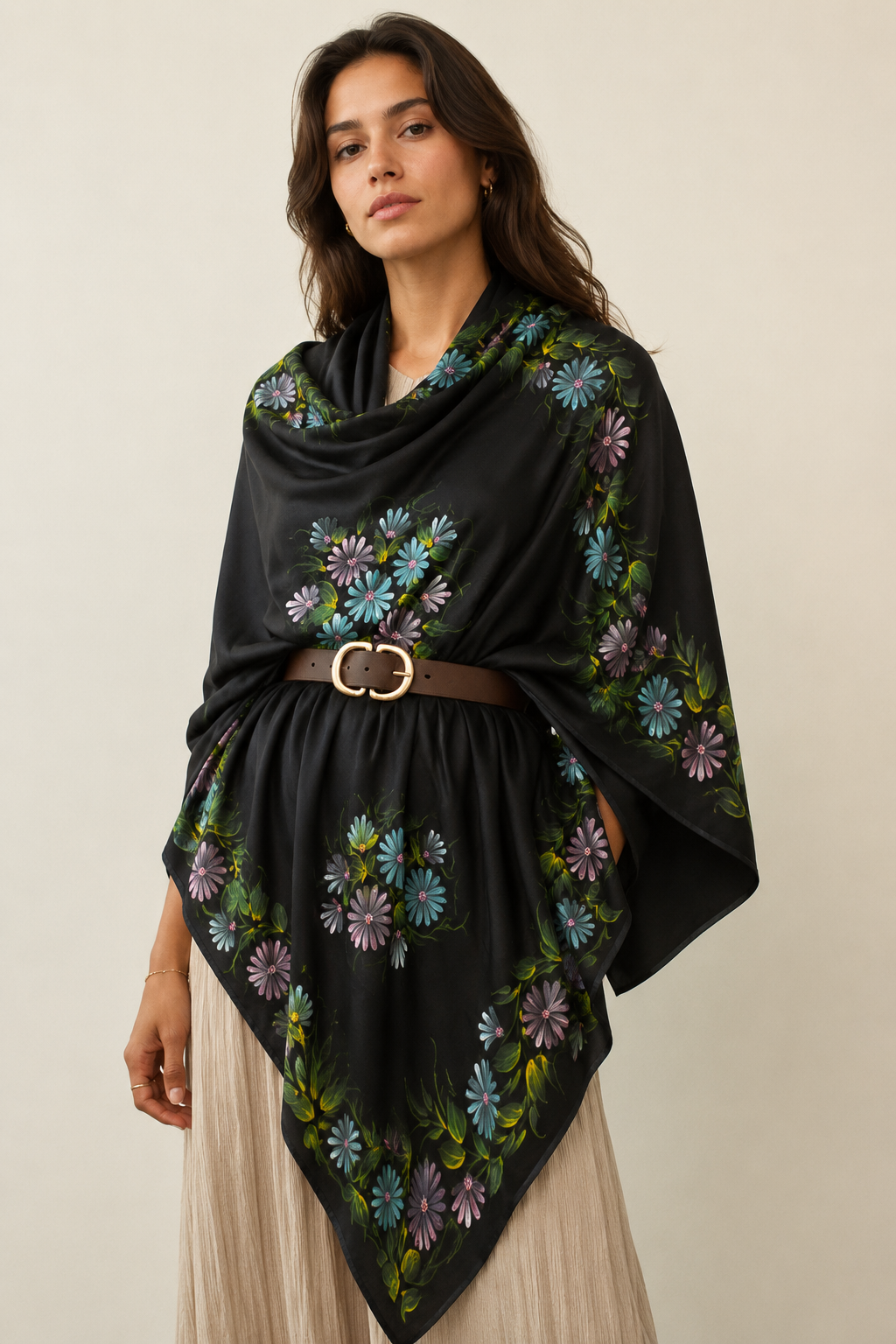 Black Satin Hand-Painted Scarf
