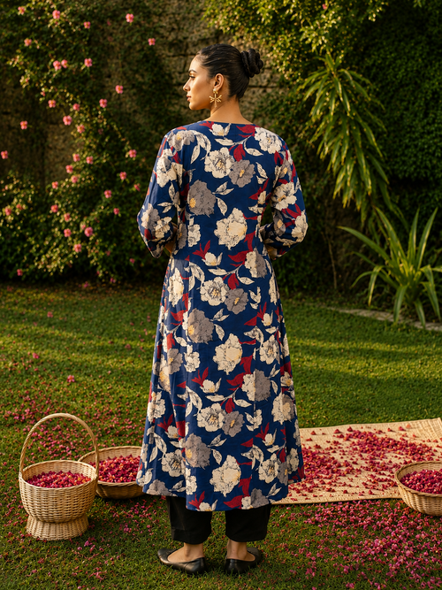 Blue Pure Cotton Bagru Printed Kurta