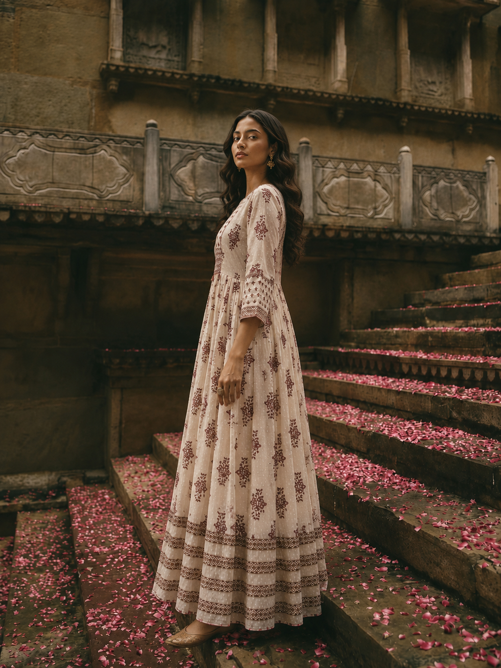 White Pure Cotton Dress with Hand Block Sanganeri Print