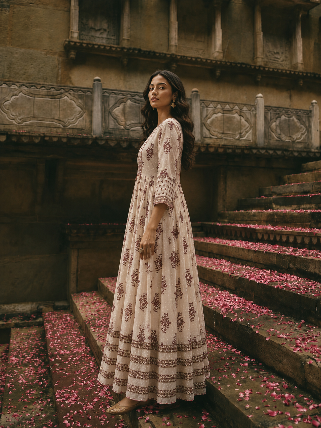 White Pure Cotton Dress with Hand Block Sanganeri Print