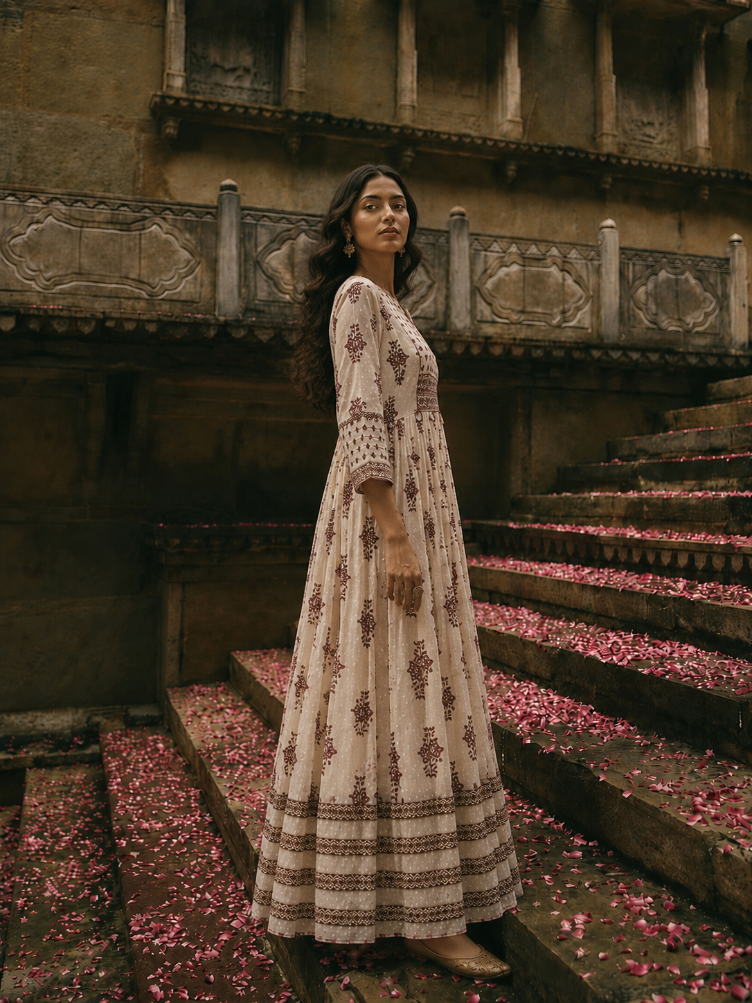 White Pure Cotton Dress with Hand Block Sanganeri Print