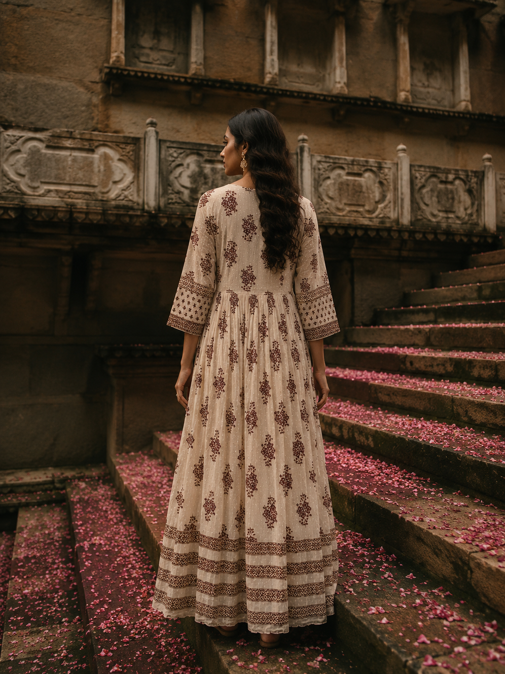 White Pure Cotton Dress with Hand Block Sanganeri Print