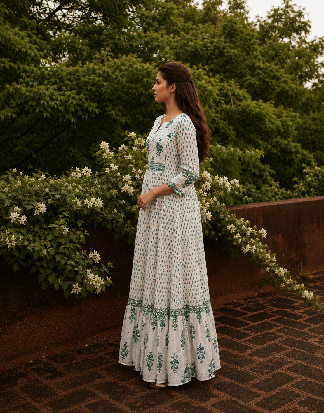 White Pure Cotton Dress with Sea green Sanganeri Print