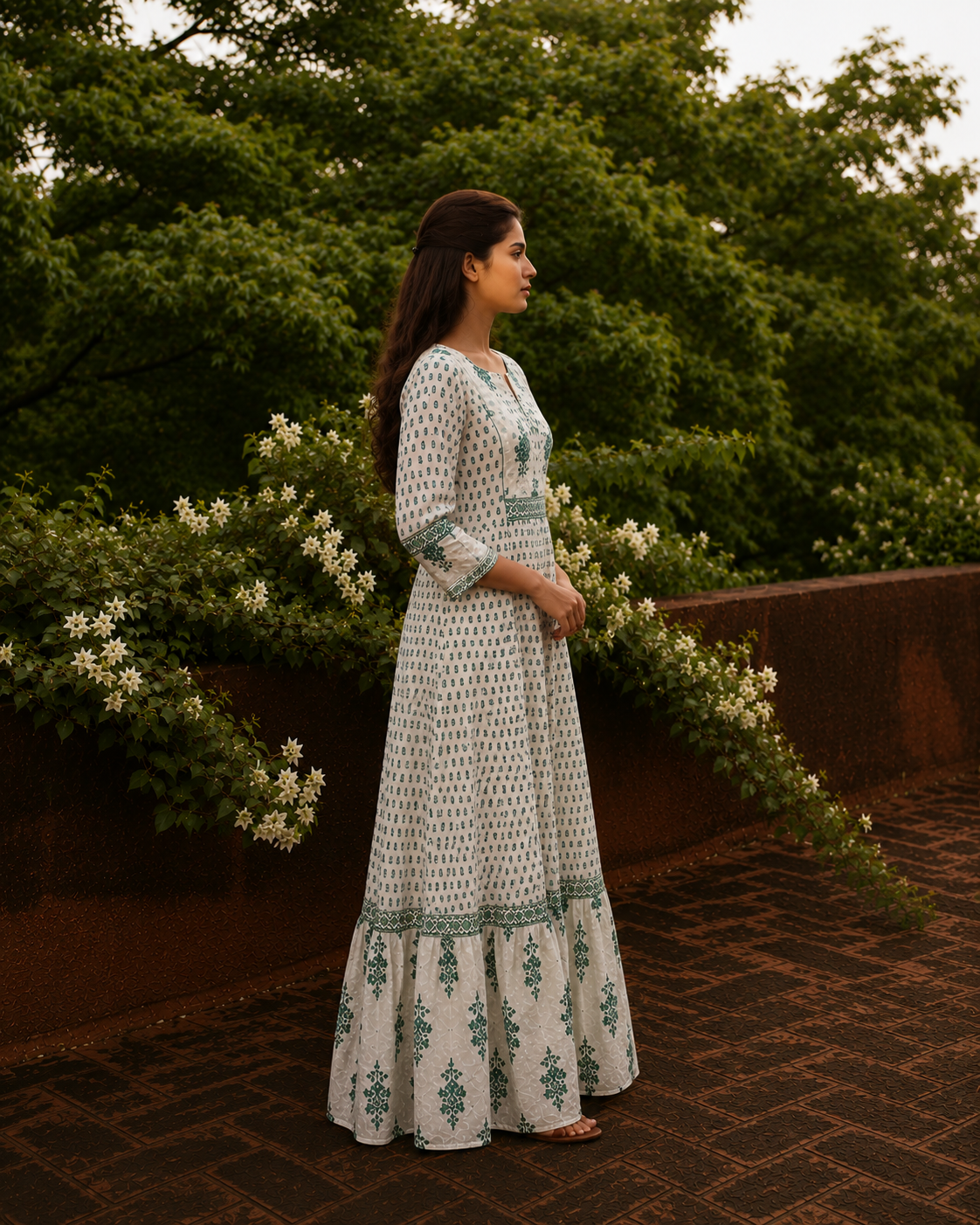 White Pure Cotton Dress with Sea green Sanganeri Print
