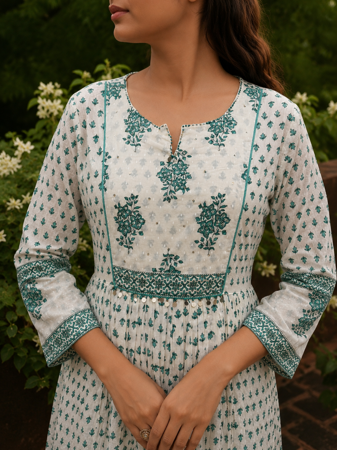 White Pure Cotton Dress with Sea green Sanganeri Print