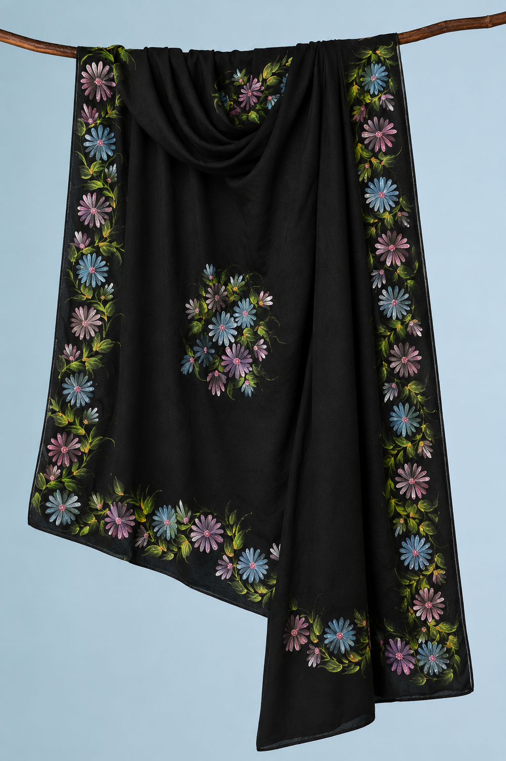 Black Satin Hand-Painted Scarf