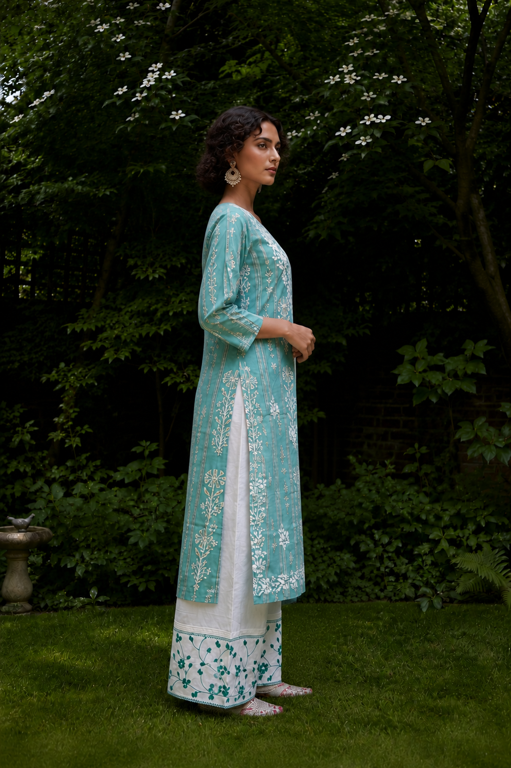 Sea Green Pure Cotton Printed Embroidered Kurta Set