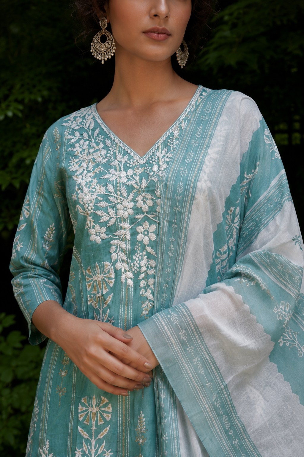 Sea Green Pure Cotton Printed Embroidered Kurta Set